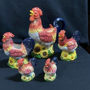 JSNY Rooster & Sunflowers Teapot with Sugar,Creamer, Salt & Pepper Shakers
